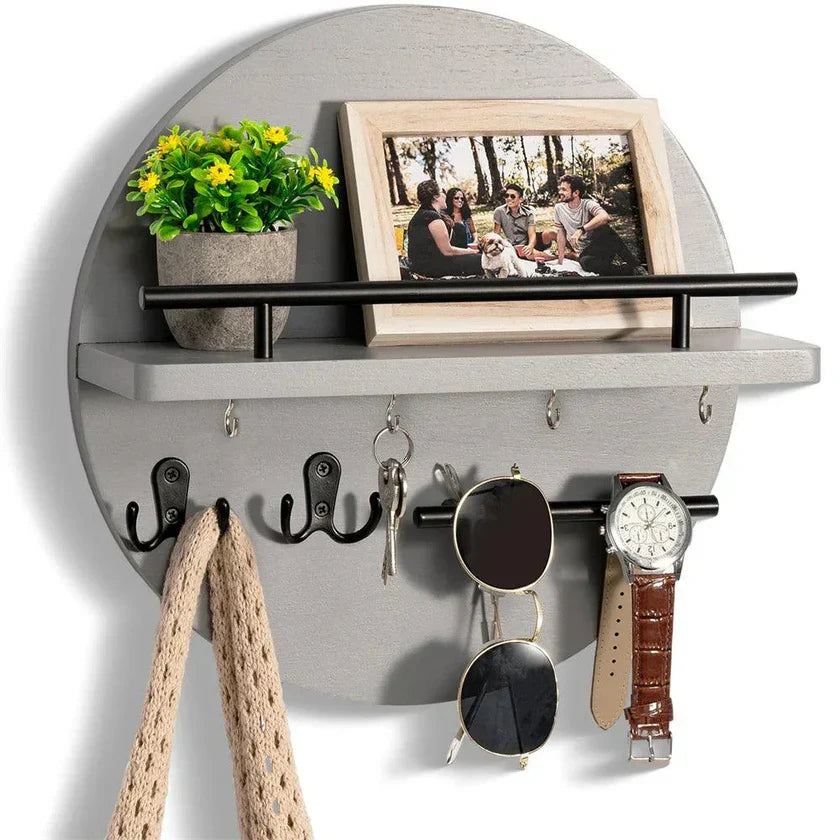 Round Wooden Key Holder Shelf with Hooks and Rail
