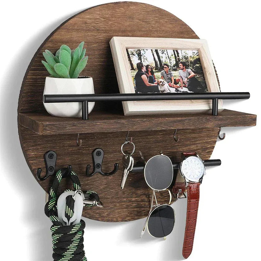 Round Wooden Key Holder Shelf with Hooks and Rail