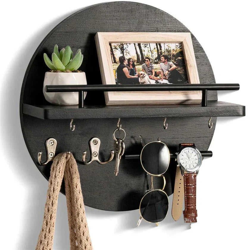 Round Wooden Key Holder Shelf with Hooks and Rail