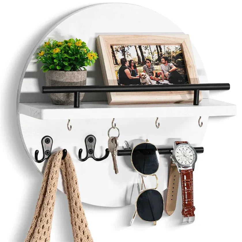 Round Wooden Key Holder Shelf with Hooks and Rail