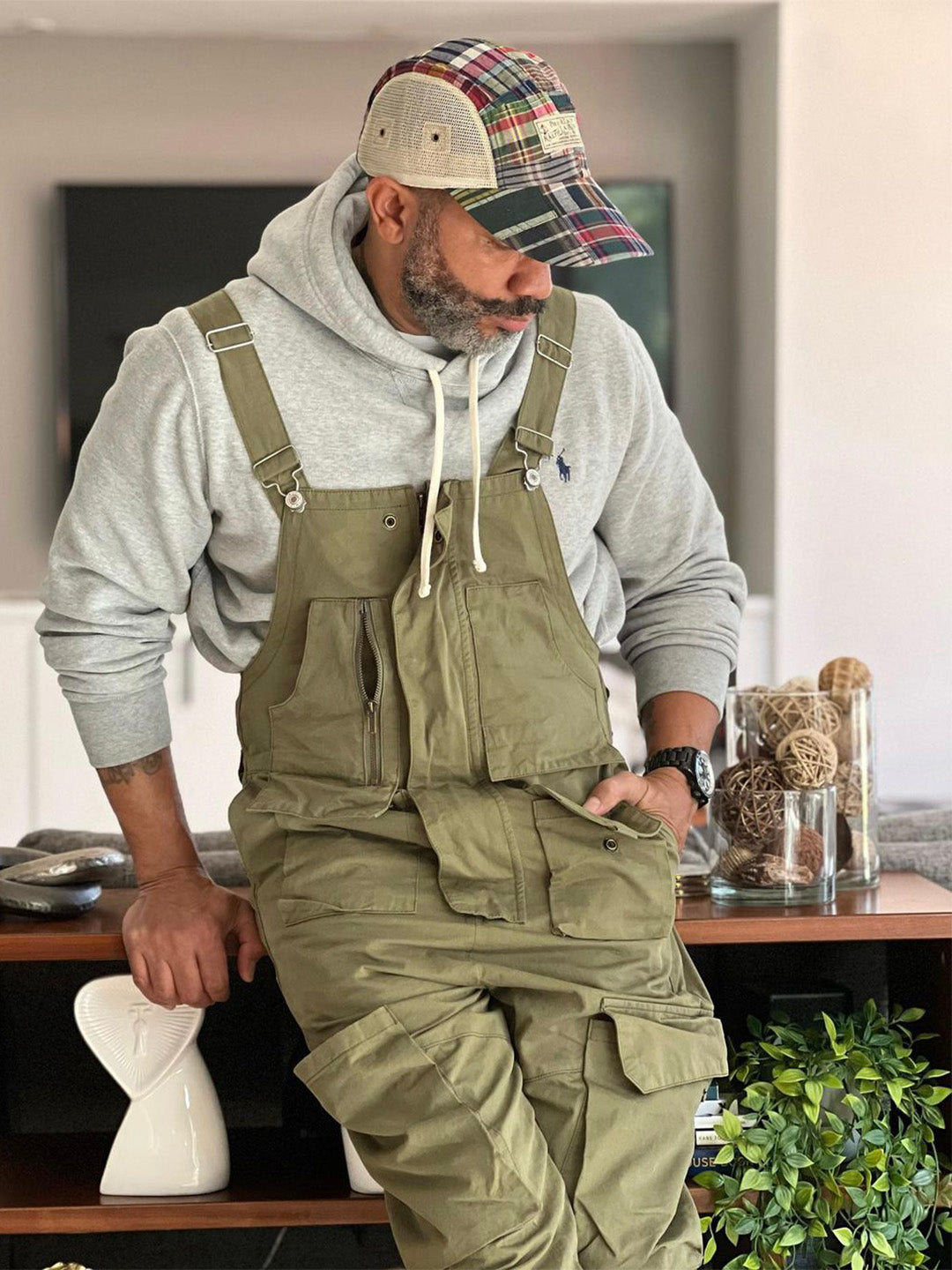 100% Cotton Loose Fit Tapered Leg Overalls with Zipper Pockets