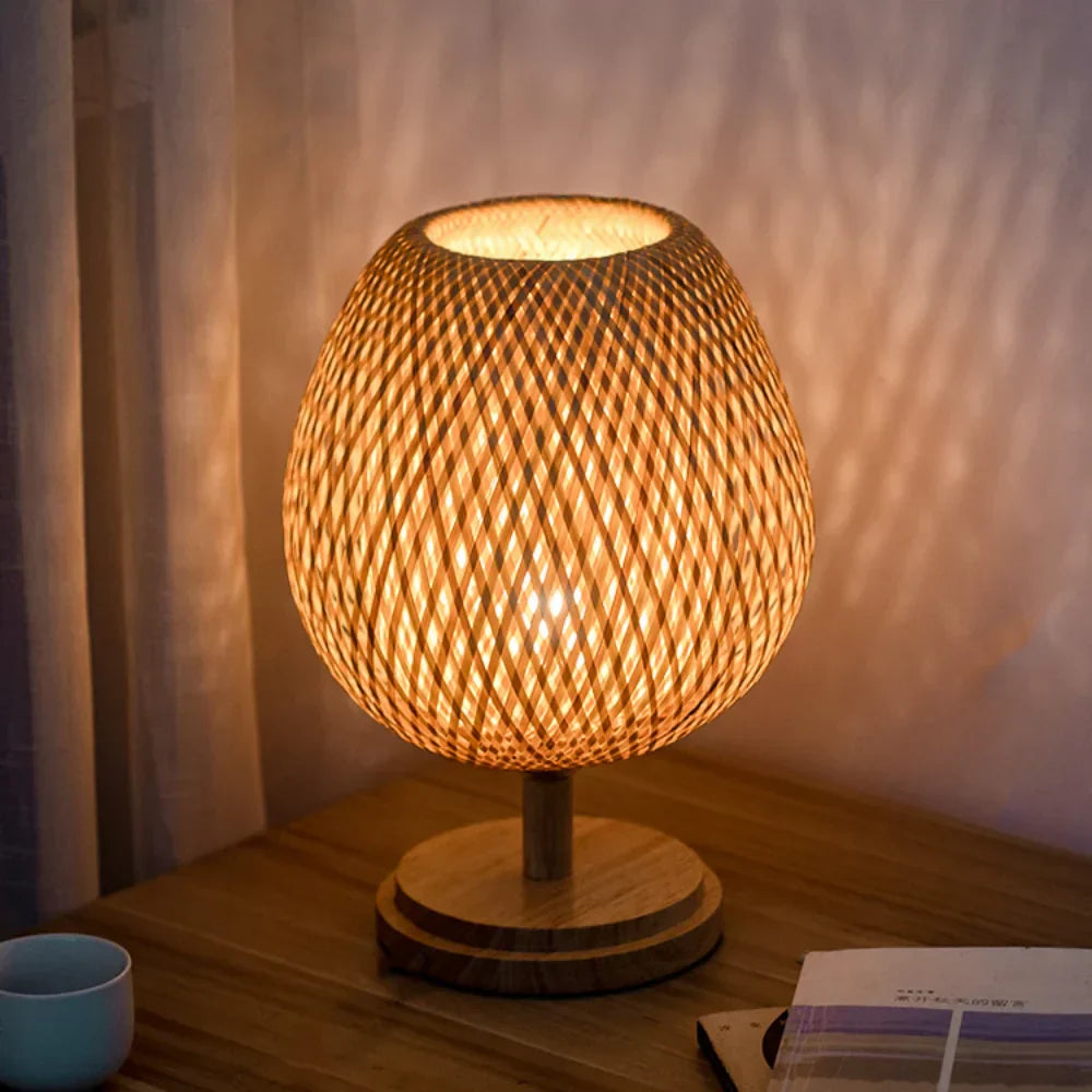 Dimmable Rattan Table Lamp with Bamboo Shade
