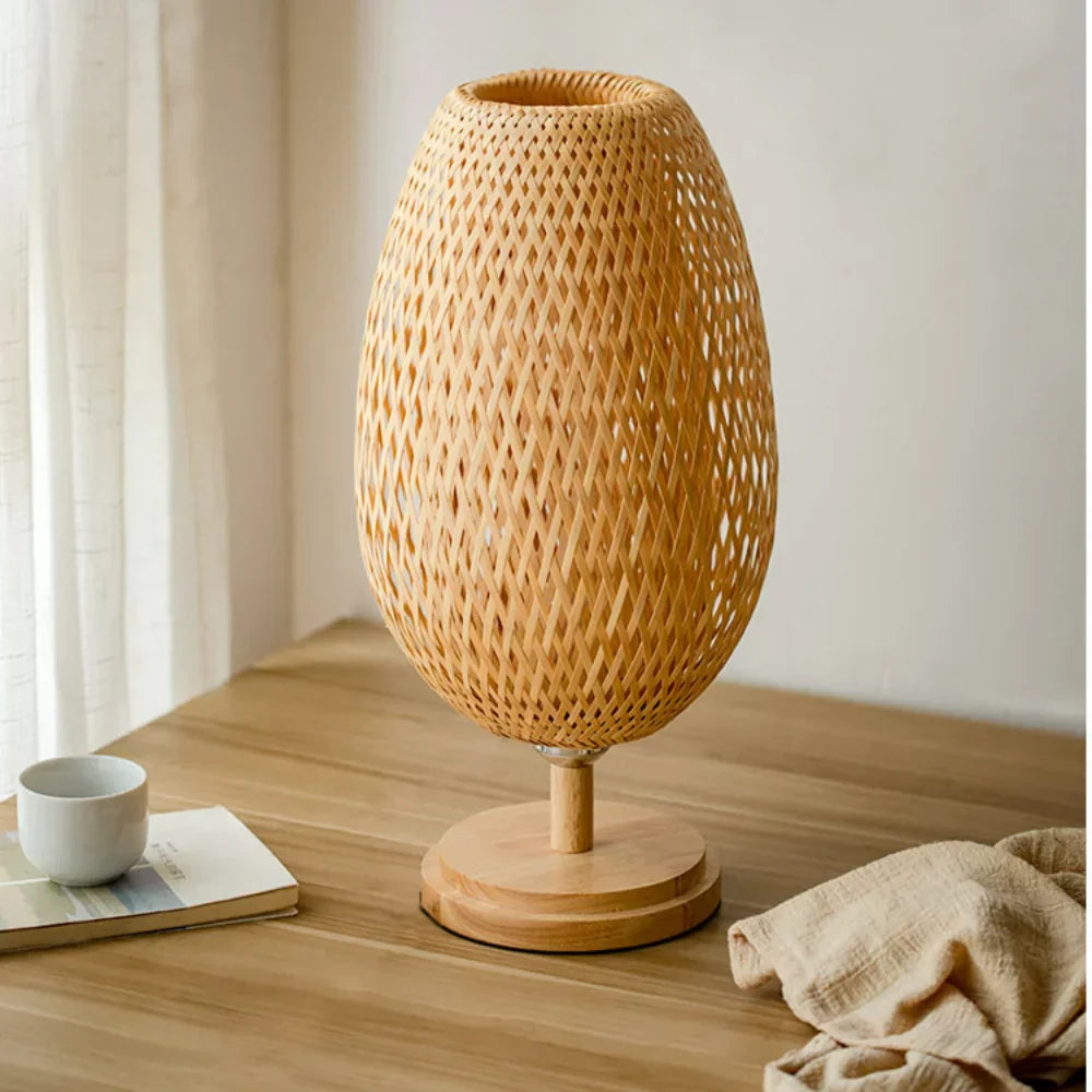 Dimmable Rattan Table Lamp with Bamboo Shade