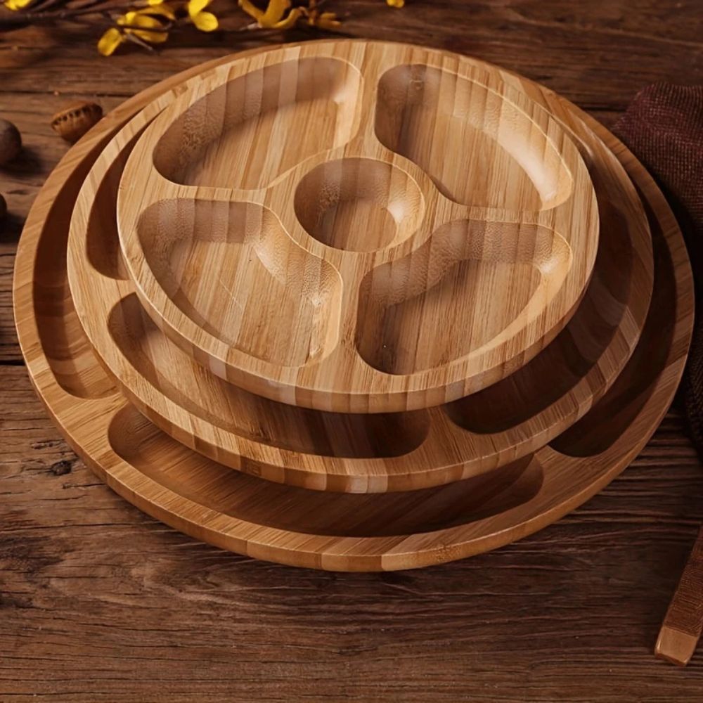 Natural Wood Snack Serving Tray with Five Compartments