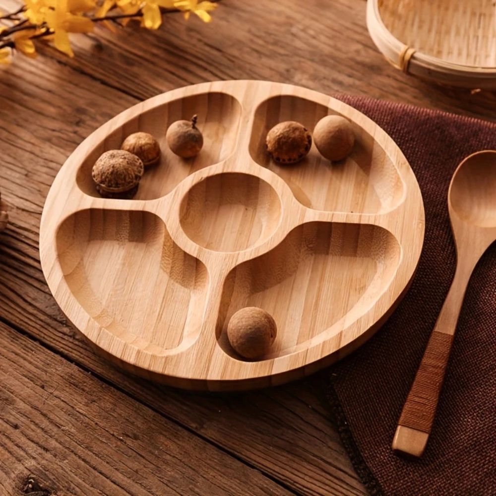 Natural Wood Snack Serving Tray with Five Compartments
