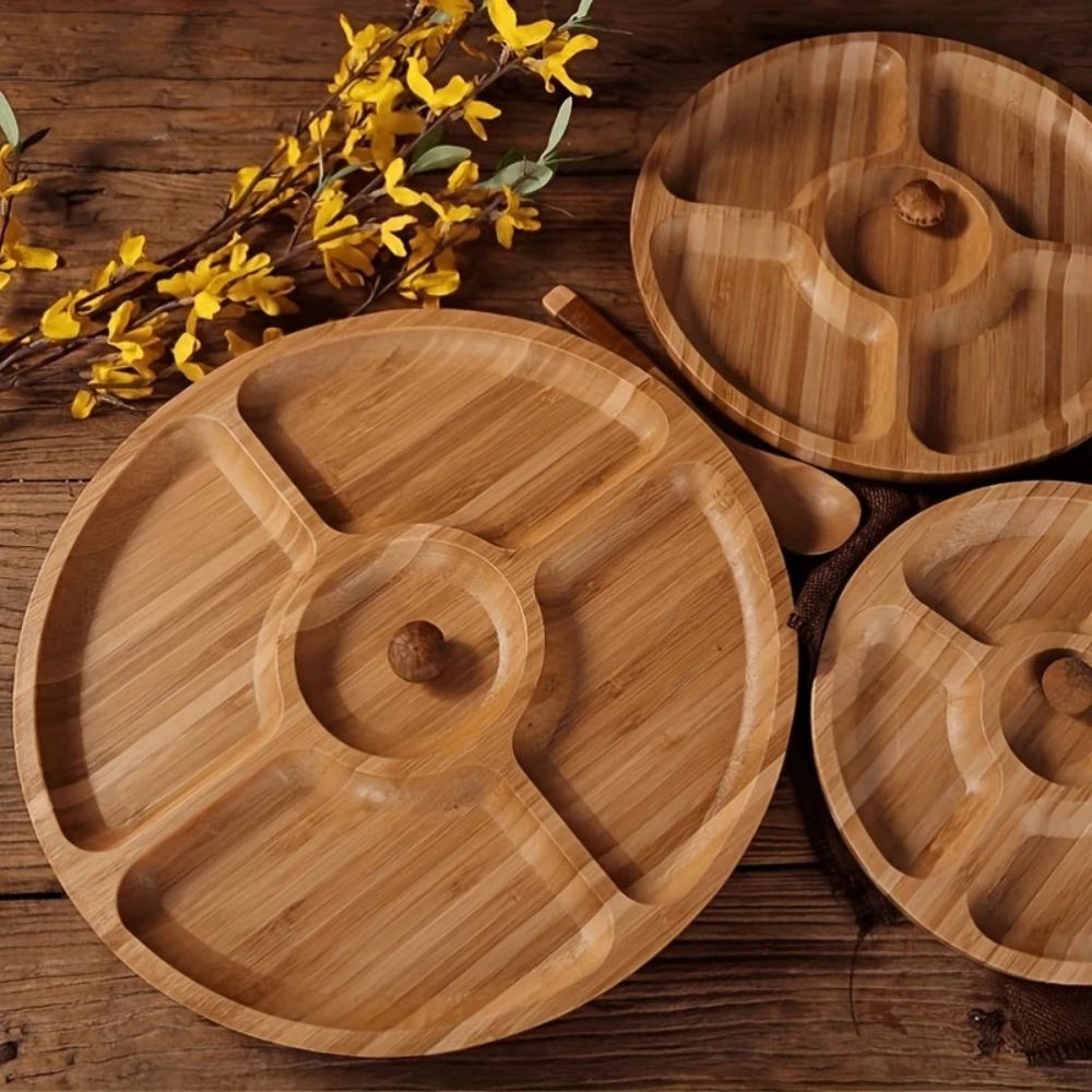 Natural Wood Snack Serving Tray with Five Compartments