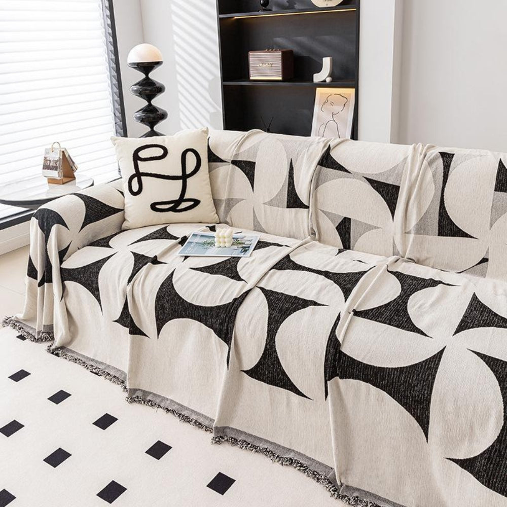 Windmill Pattern Chenille Sofa Cover with Tasseled Edges