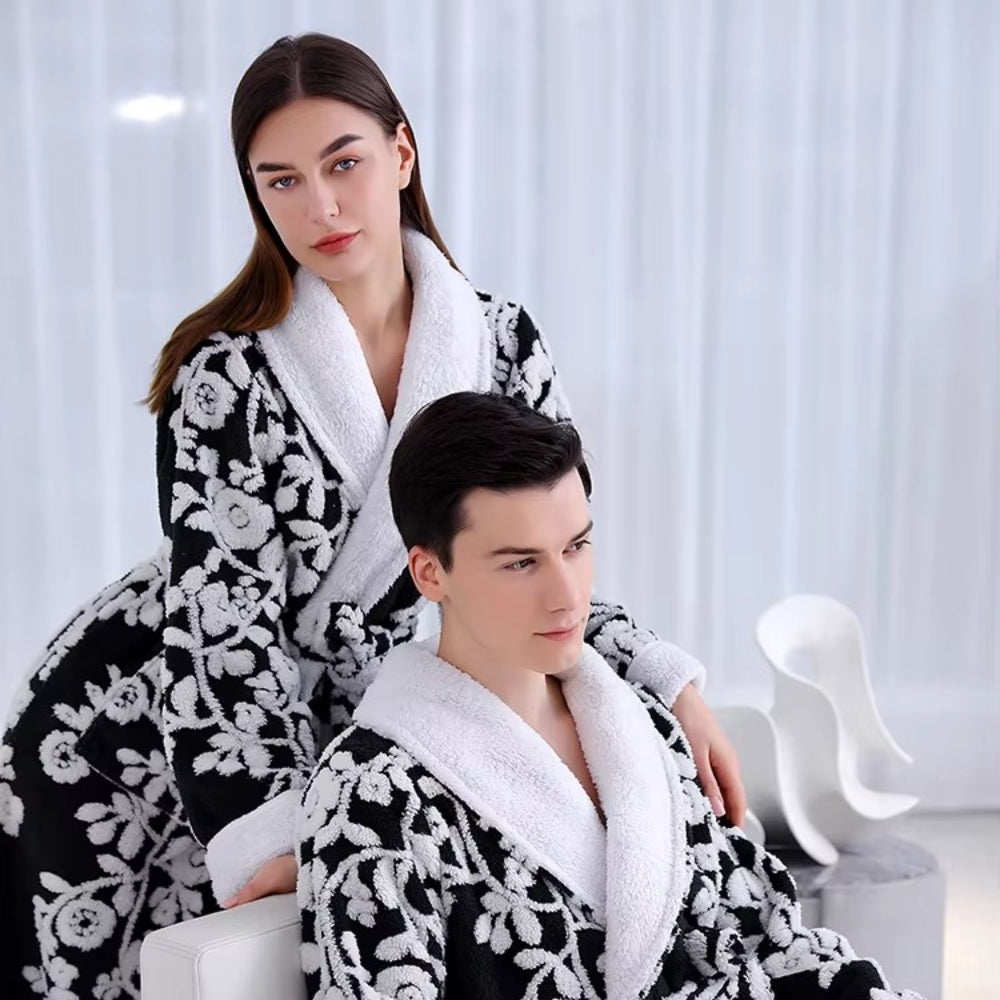 Double-Layer Jacquard Bathrobe for Couples in Soft Coral Fleece