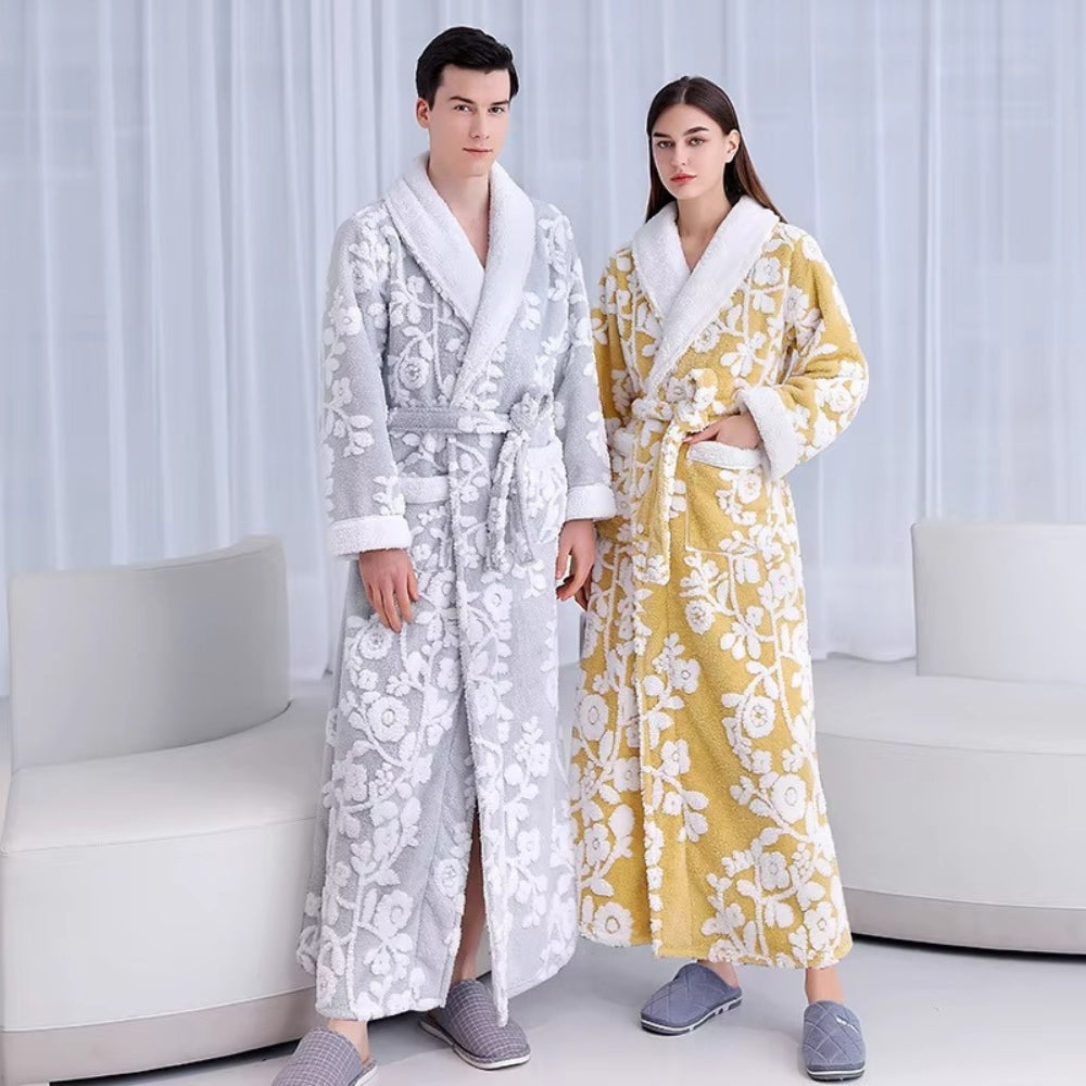 Double-Layer Jacquard Bathrobe for Couples in Soft Coral Fleece