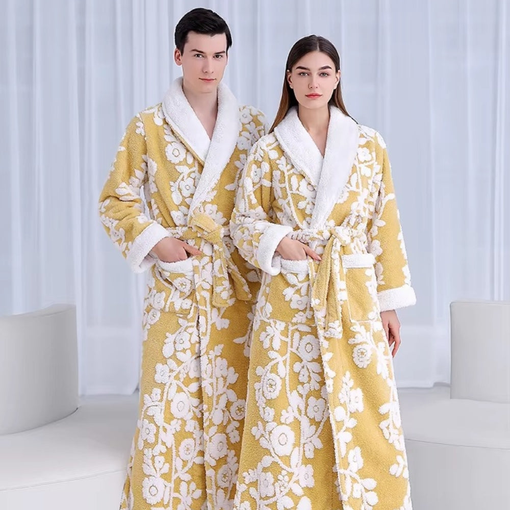 Double-Layer Jacquard Bathrobe for Couples in Soft Coral Fleece