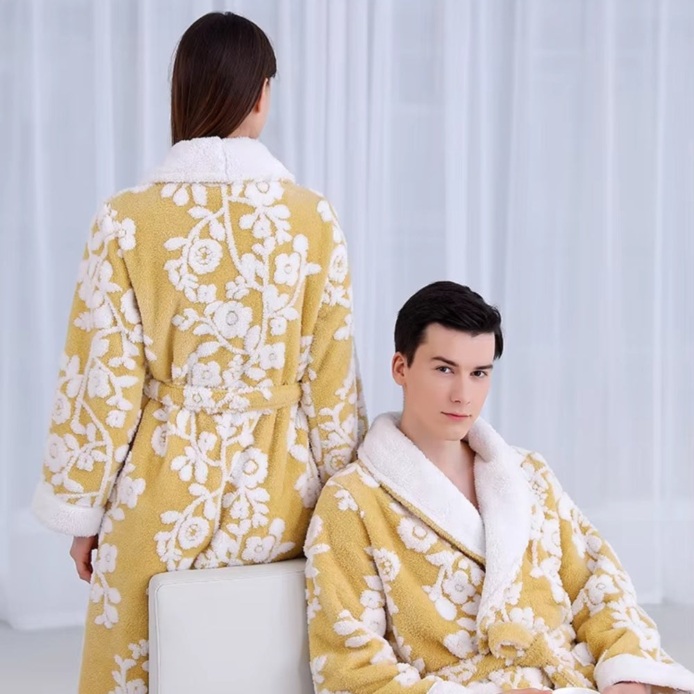 Double-Layer Jacquard Bathrobe for Couples in Soft Coral Fleece