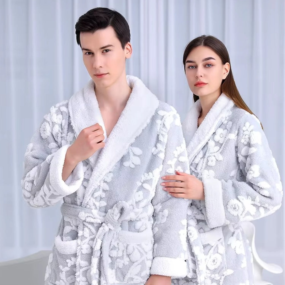 Double-Layer Jacquard Bathrobe for Couples in Soft Coral Fleece