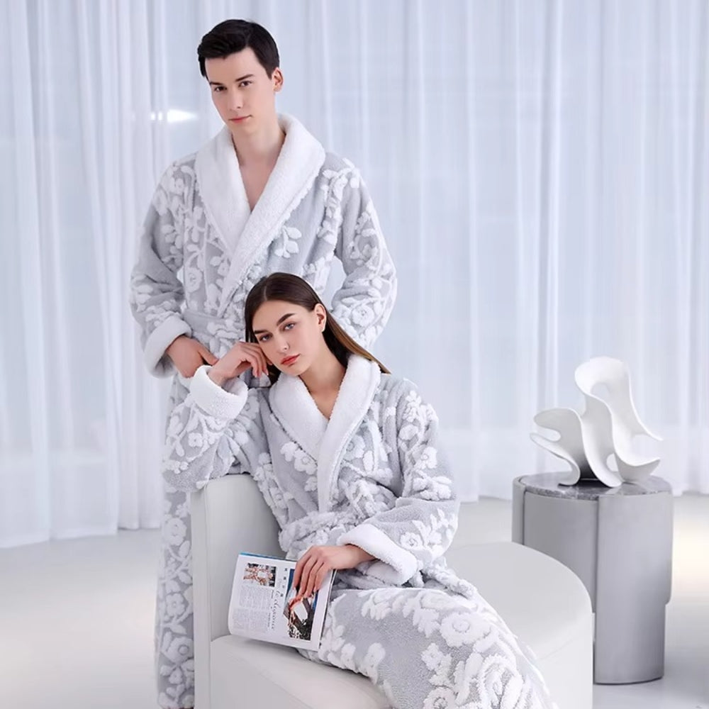 Double-Layer Jacquard Bathrobe for Couples in Soft Coral Fleece