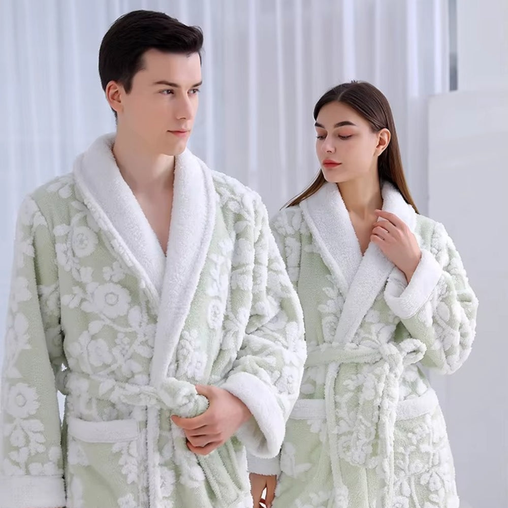 Double-Layer Jacquard Bathrobe for Couples in Soft Coral Fleece