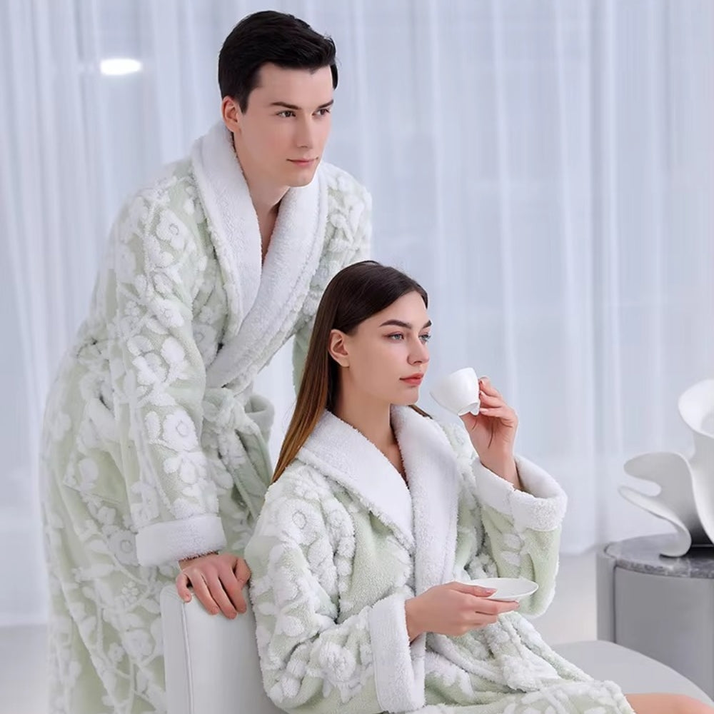 Double-Layer Jacquard Bathrobe for Couples in Soft Coral Fleece