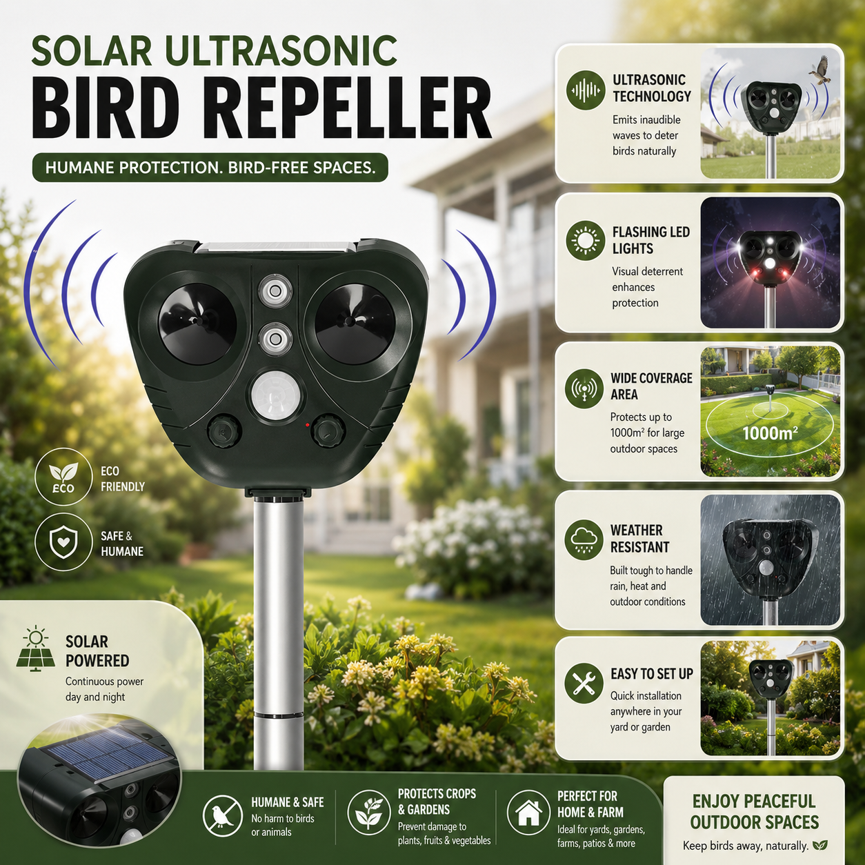 Solar Ultrasonic Bird Repeller with LED Lights for Outdoor Pest Control