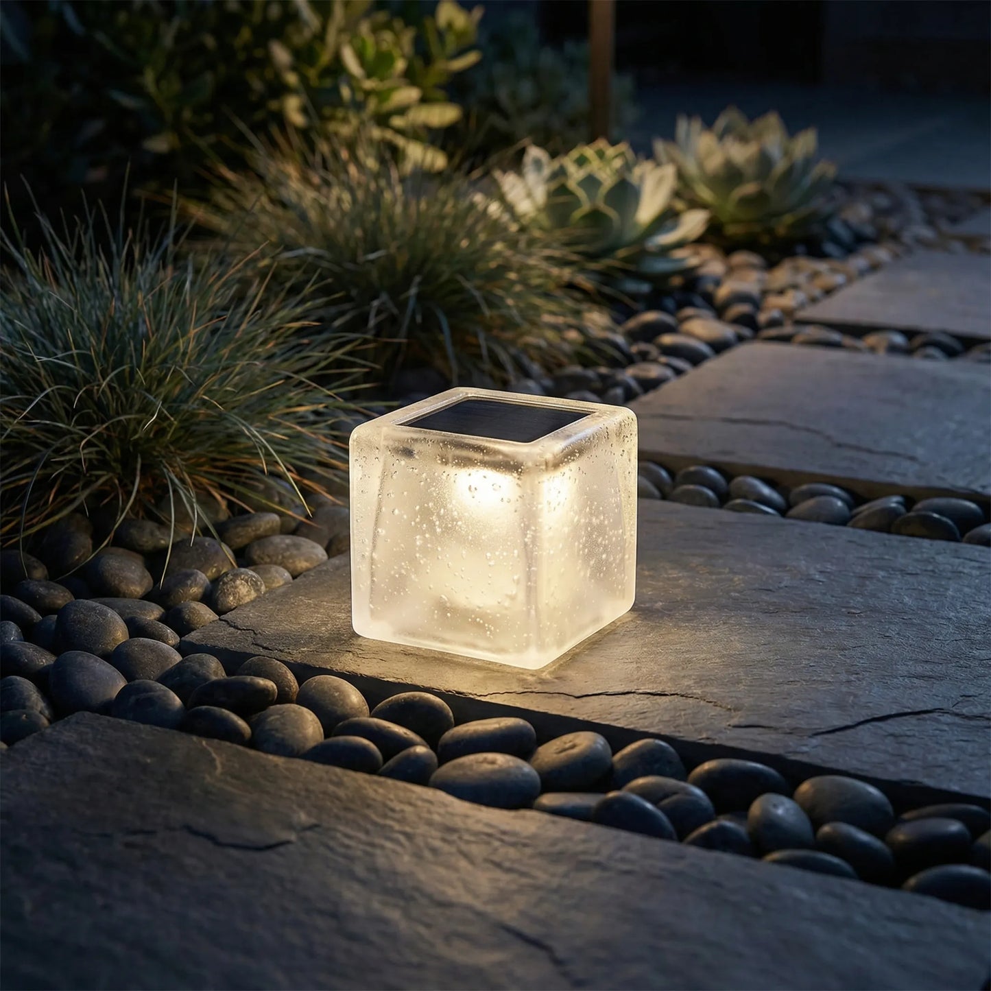Solar-Powered Ice Cube Garden Lamp with Automatic Dusk Lighting