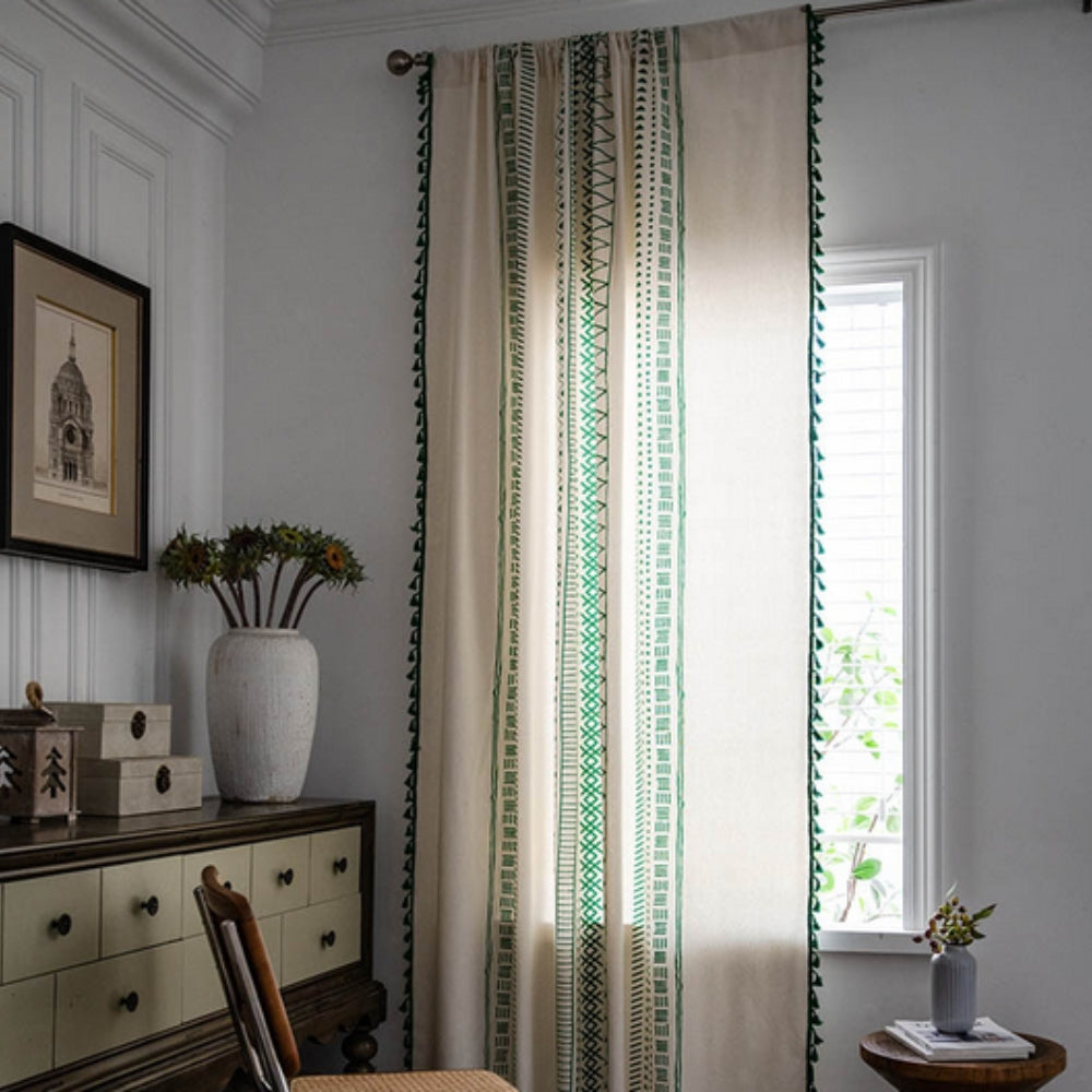 Embroidered Microfiber Tassel Blackout Curtain