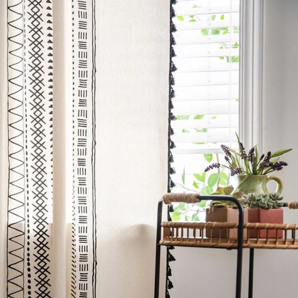Embroidered Microfiber Tassel Blackout Curtain