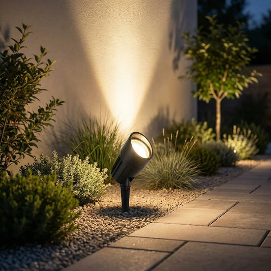 Solar-Powered Adjustable LED Spotlight with RGB and White Light