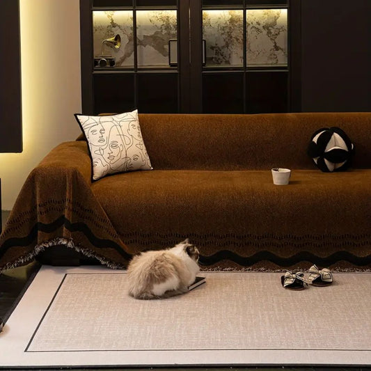 Tasseled Microfiber Sofa Cover for Long Sofas