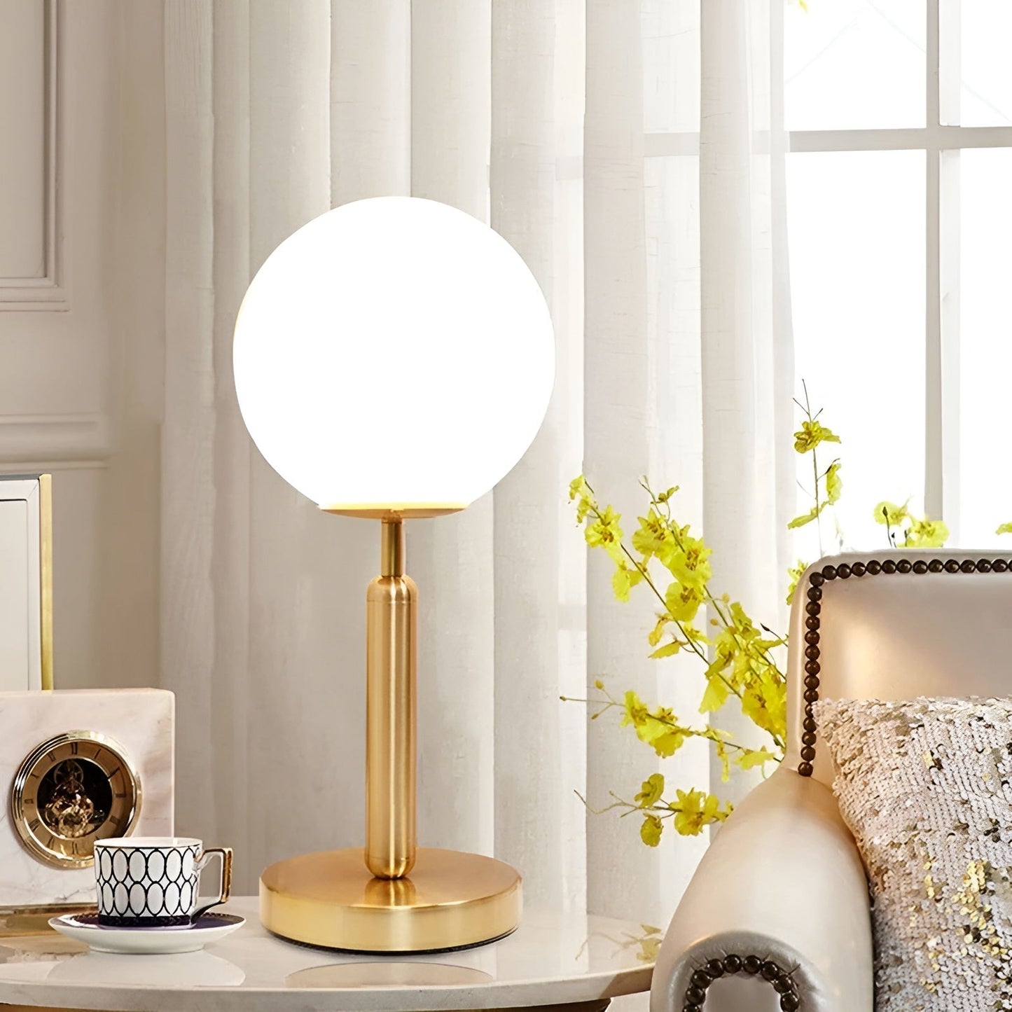 Glass and Brass LED Table Lamp - Elegant SphereShine Design