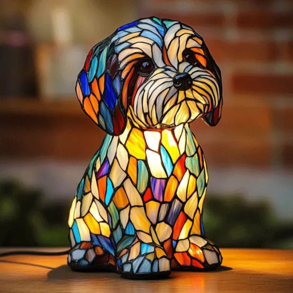Stained Glass Dog Table Lamp with LED Bulb
