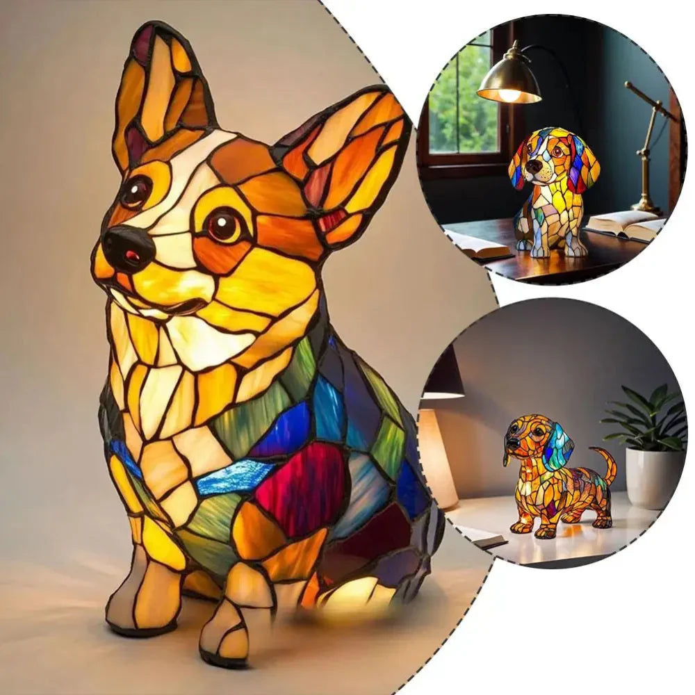 Stained Glass Dog Lamp with Color-Changing LED Night Light