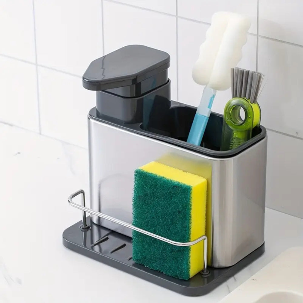Stainless Steel Dish Soap Dispenser with Utensil Rack and Drain Tray