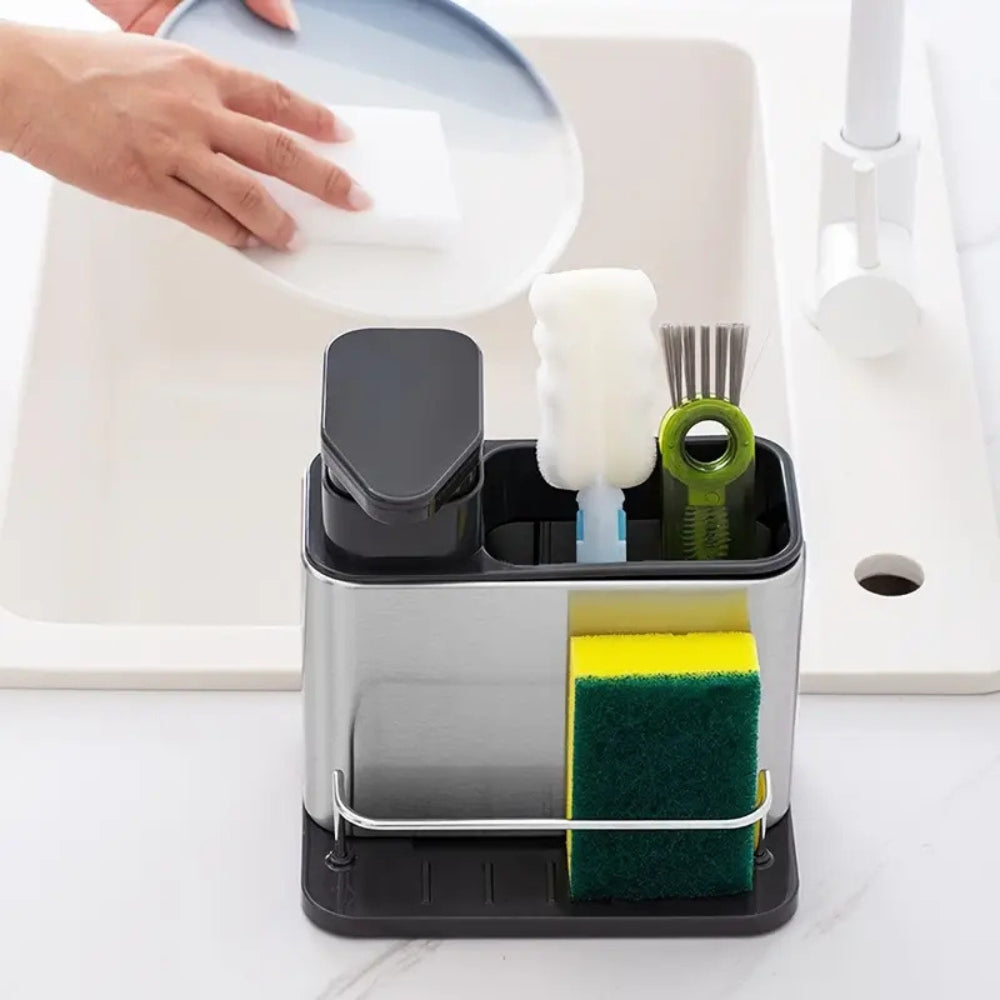 Stainless Steel Dish Soap Dispenser with Utensil Rack and Drain Tray