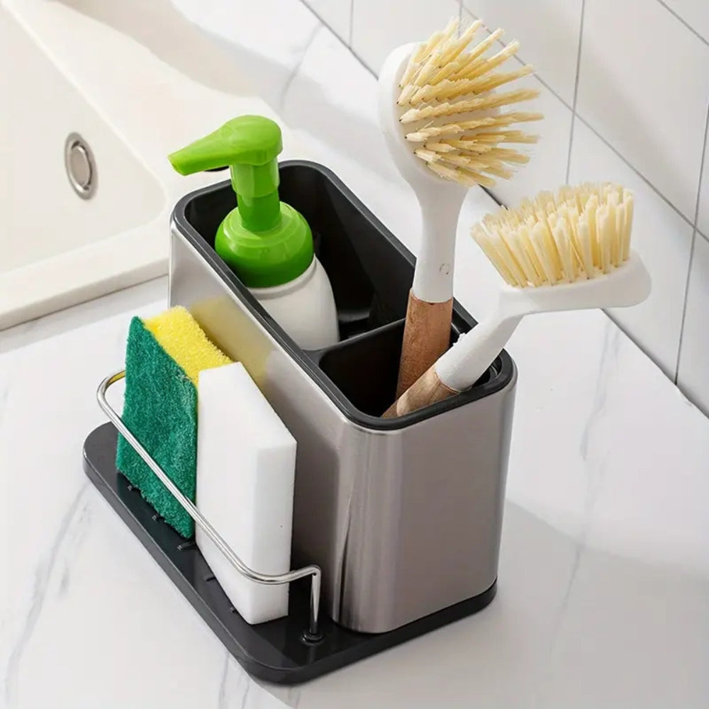 Stainless Steel Dish Soap Dispenser with Utensil Rack and Drain Tray