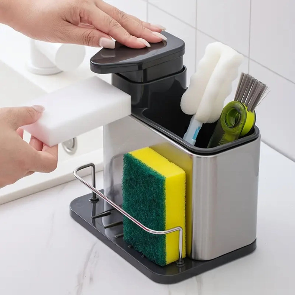 Stainless Steel Dish Soap Dispenser with Utensil Rack and Drain Tray