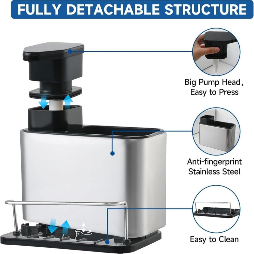 Stainless Steel Dish Soap Dispenser with Utensil Rack and Drain Tray