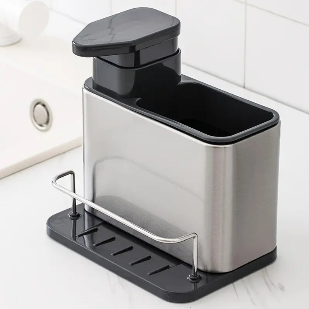 Stainless Steel Dish Soap Dispenser with Utensil Rack and Drain Tray