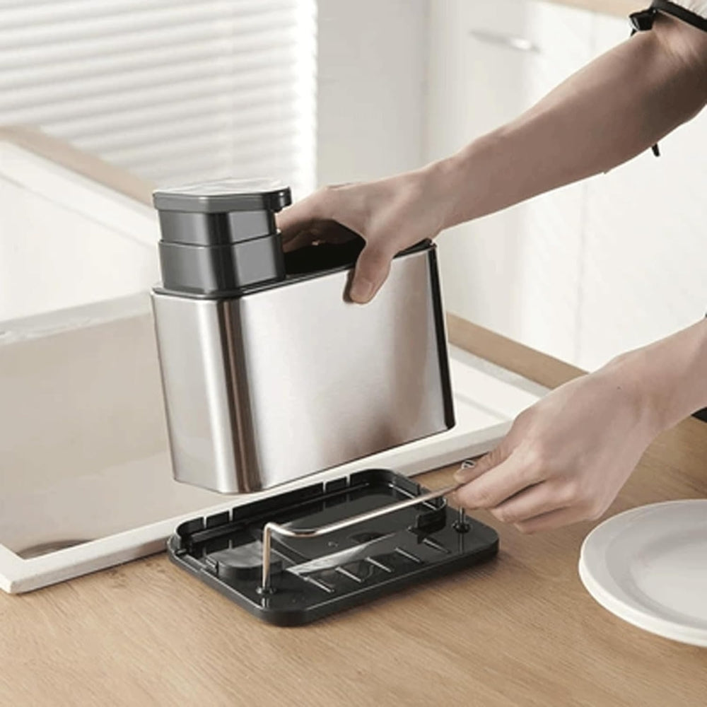 Stainless Steel Dish Soap Dispenser with Utensil Rack and Drain Tray