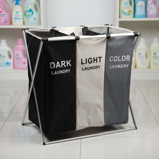 Tri-Compartment Laundry Sorting Basket with Labels