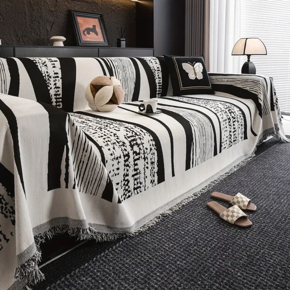 Stone Bohemian Fringe Sofa Cover in Soft Microfiber