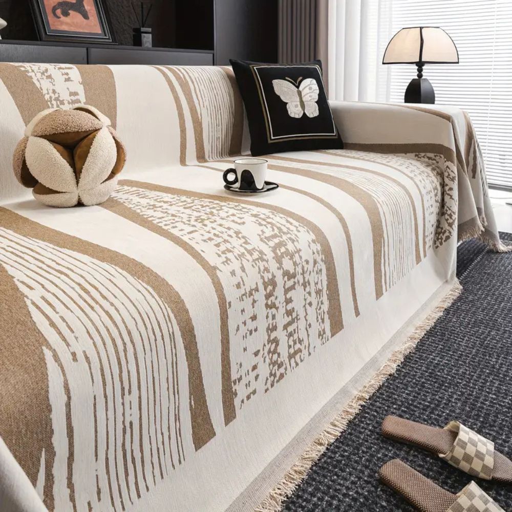 Stone Bohemian Fringe Sofa Cover in Soft Microfiber