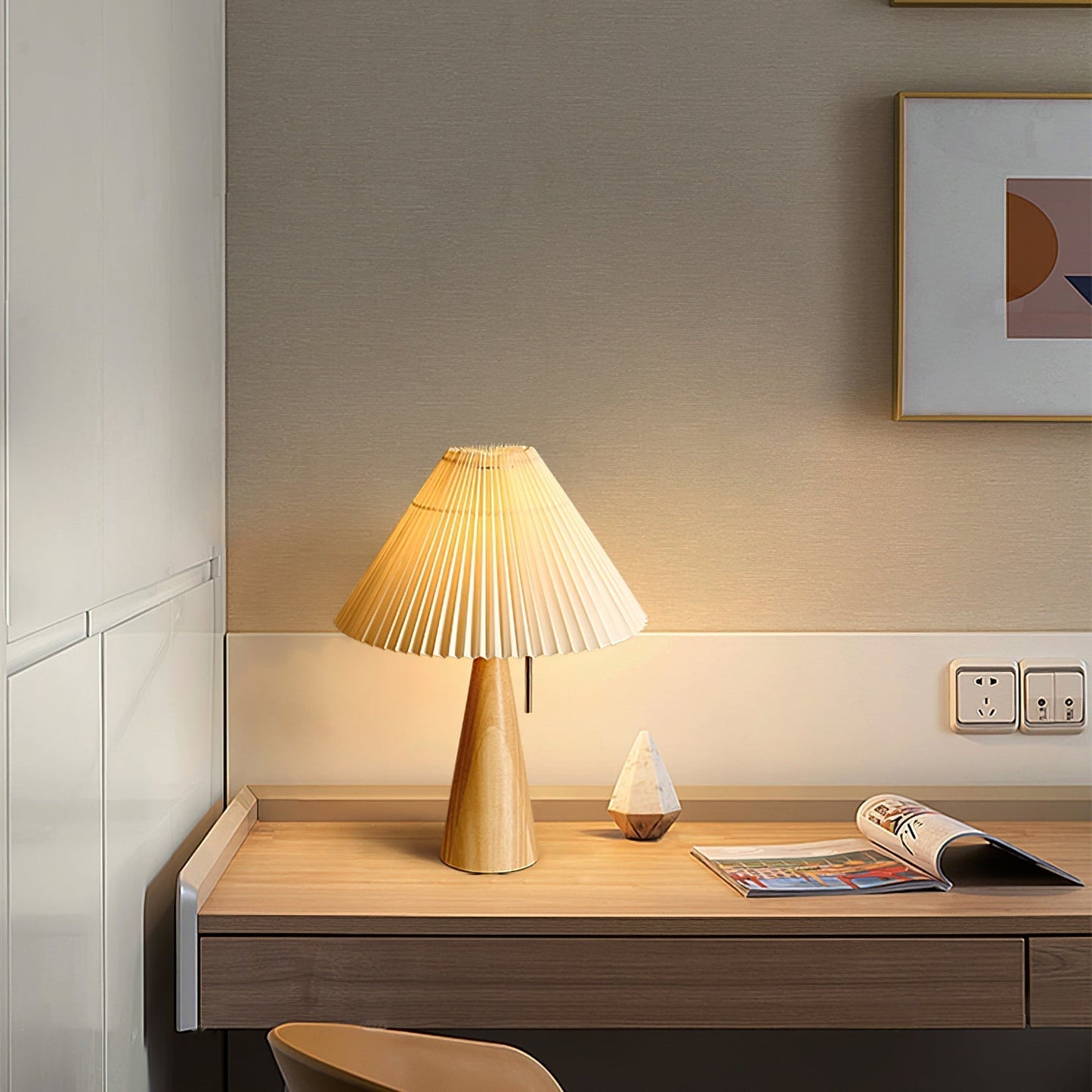 Elegant Wood and Metal Table Lamp with Pleated Linen Shade