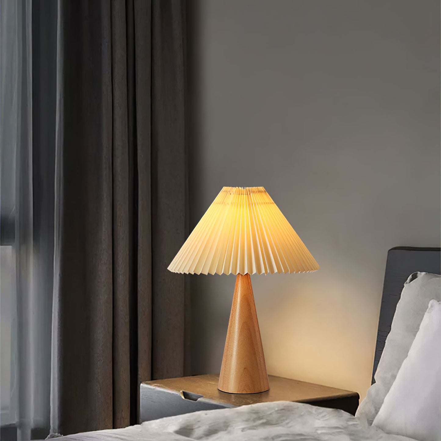 Elegant Wood and Metal Table Lamp with Pleated Linen Shade