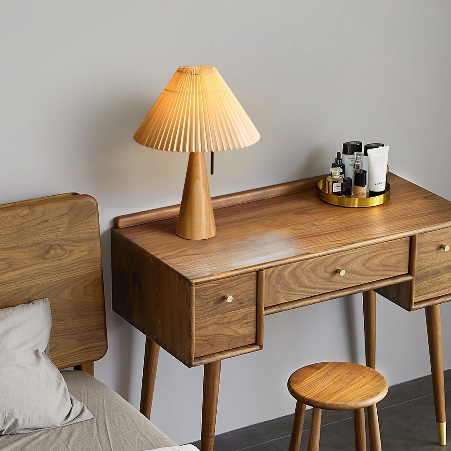 Elegant Wood and Metal Table Lamp with Pleated Linen Shade