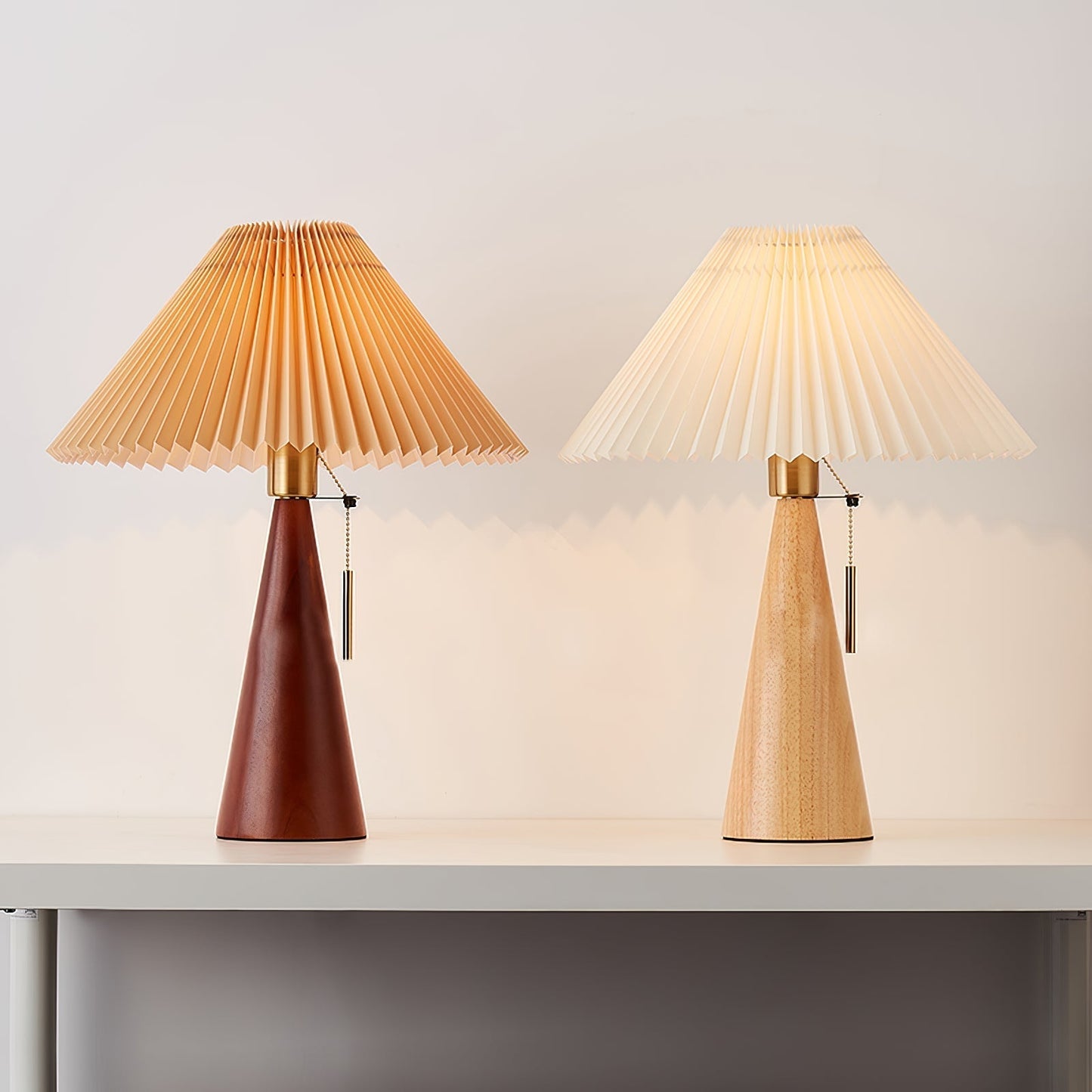 Elegant Wood and Metal Table Lamp with Pleated Linen Shade