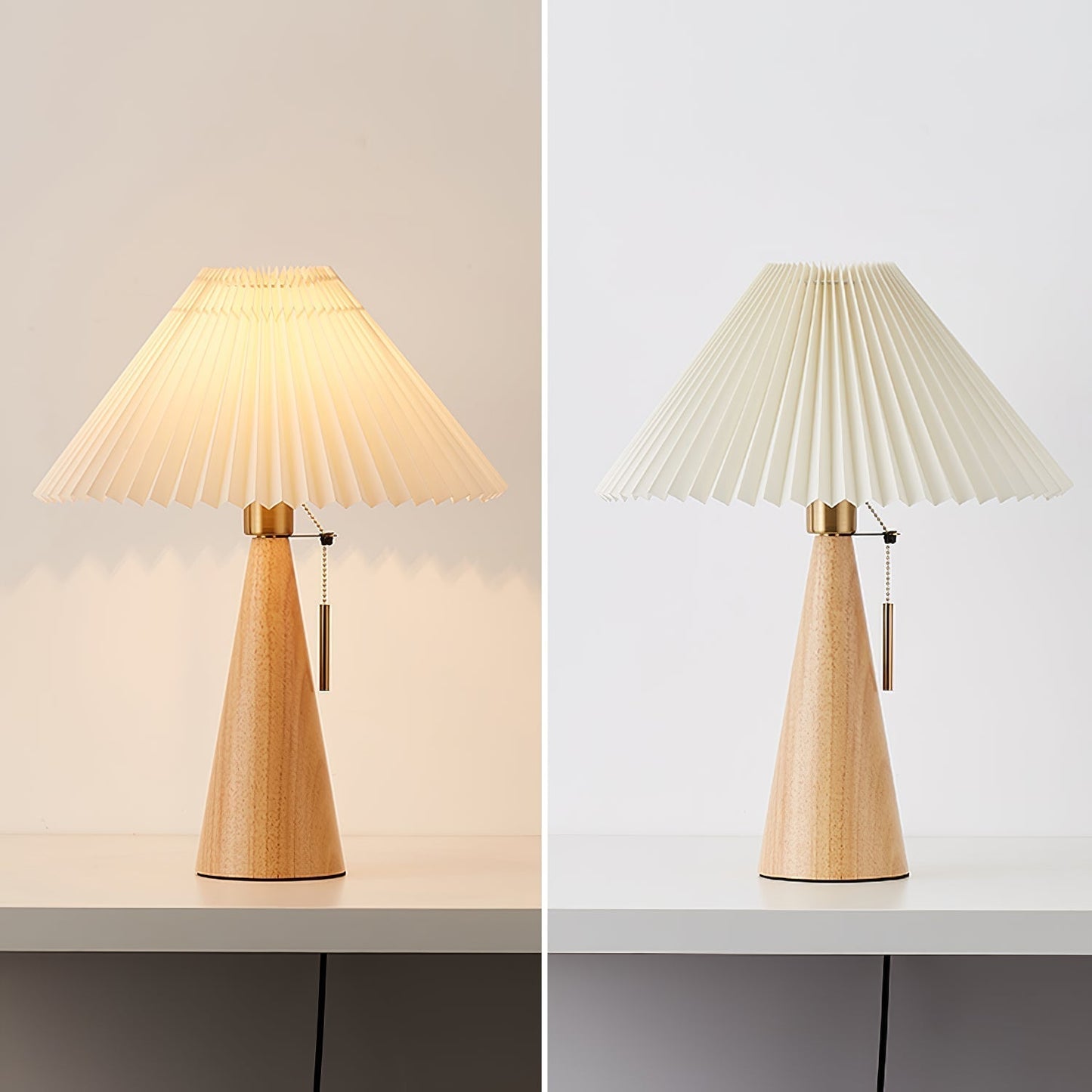 Elegant Wood and Metal Table Lamp with Pleated Linen Shade