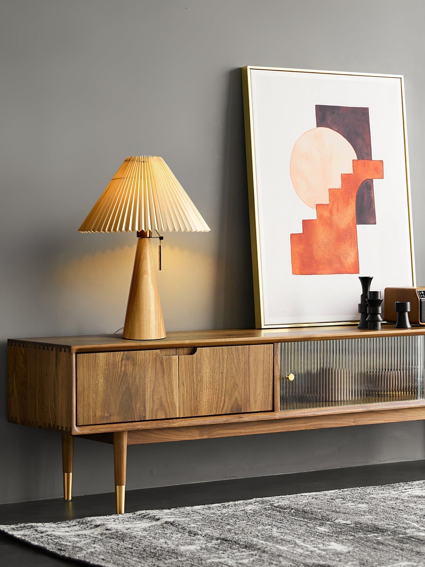 Elegant Wood and Metal Table Lamp with Pleated Linen Shade
