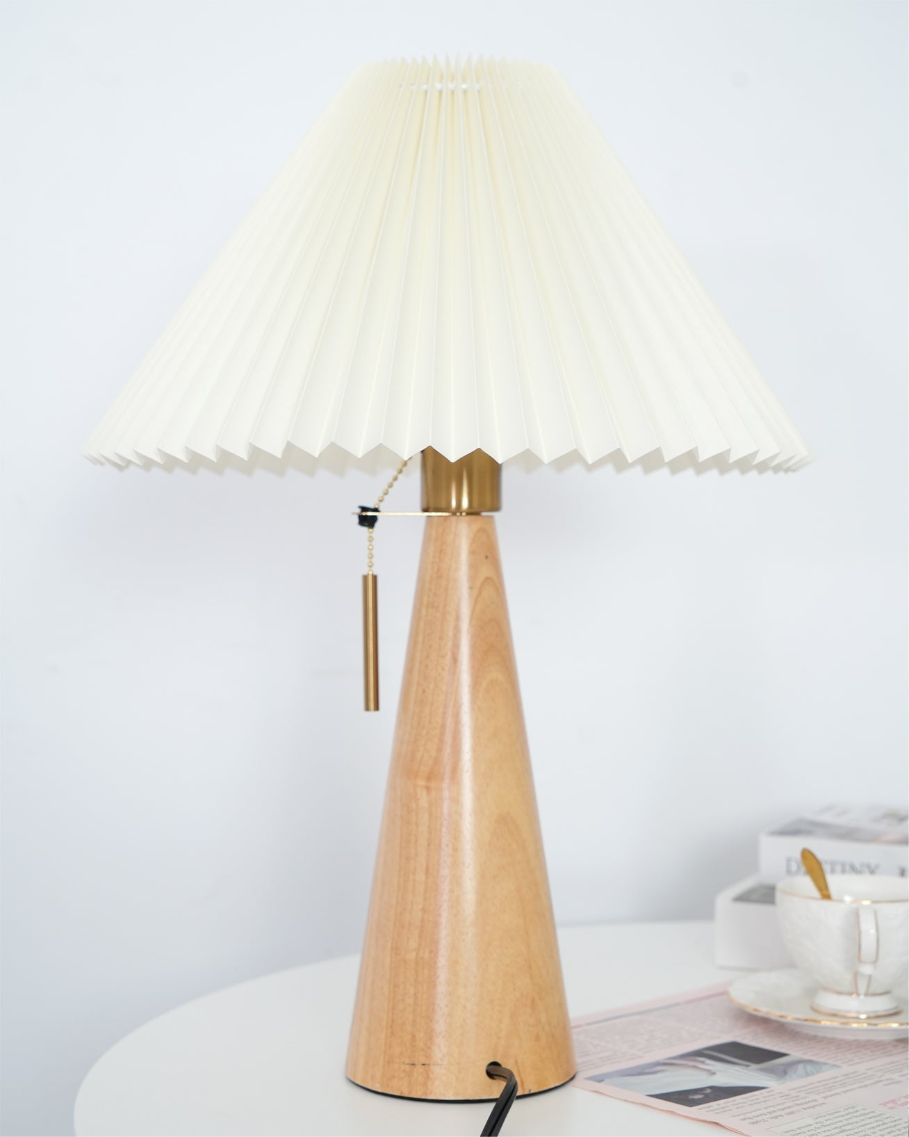 Elegant Wood and Metal Table Lamp with Pleated Linen Shade