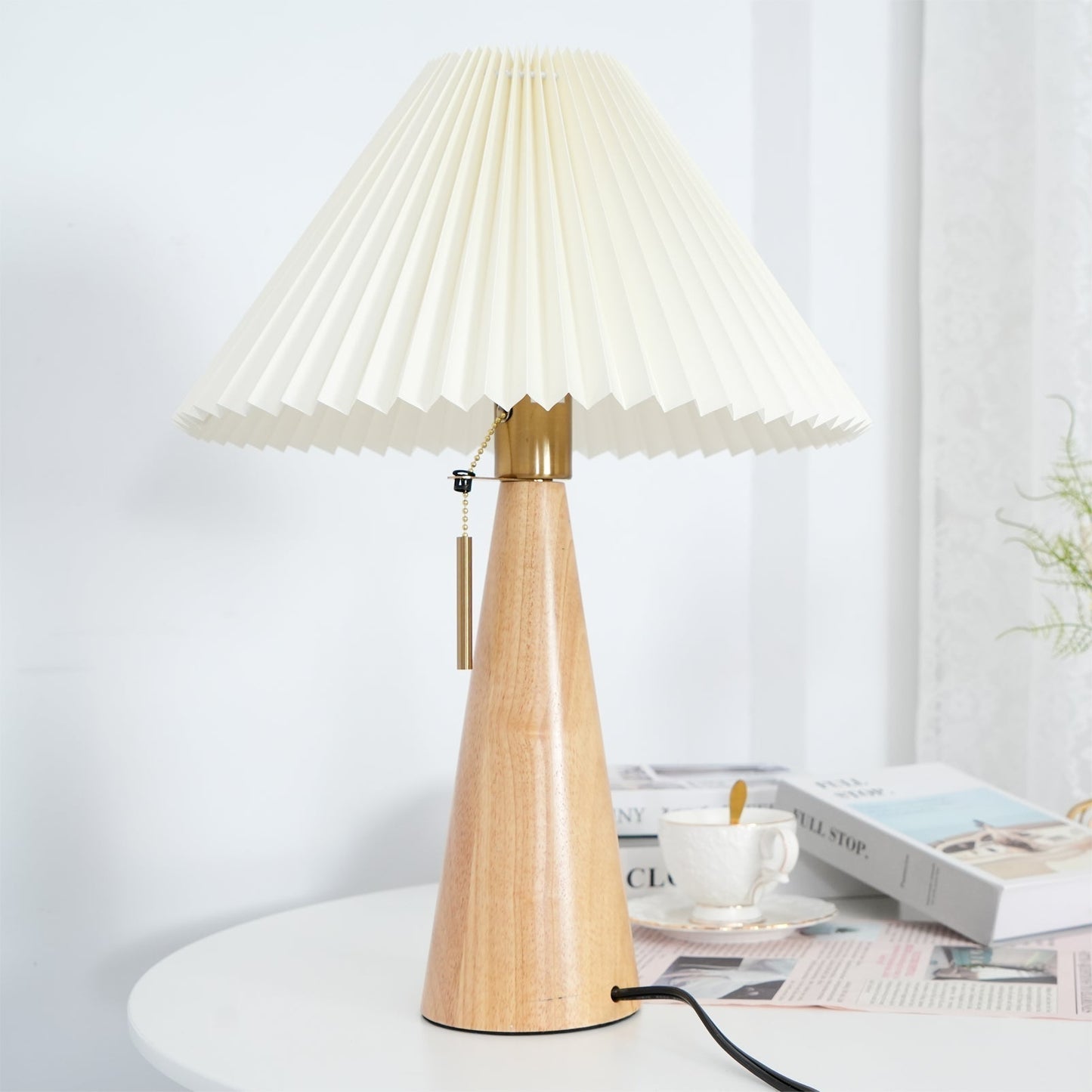 Elegant Wood and Metal Table Lamp with Pleated Linen Shade
