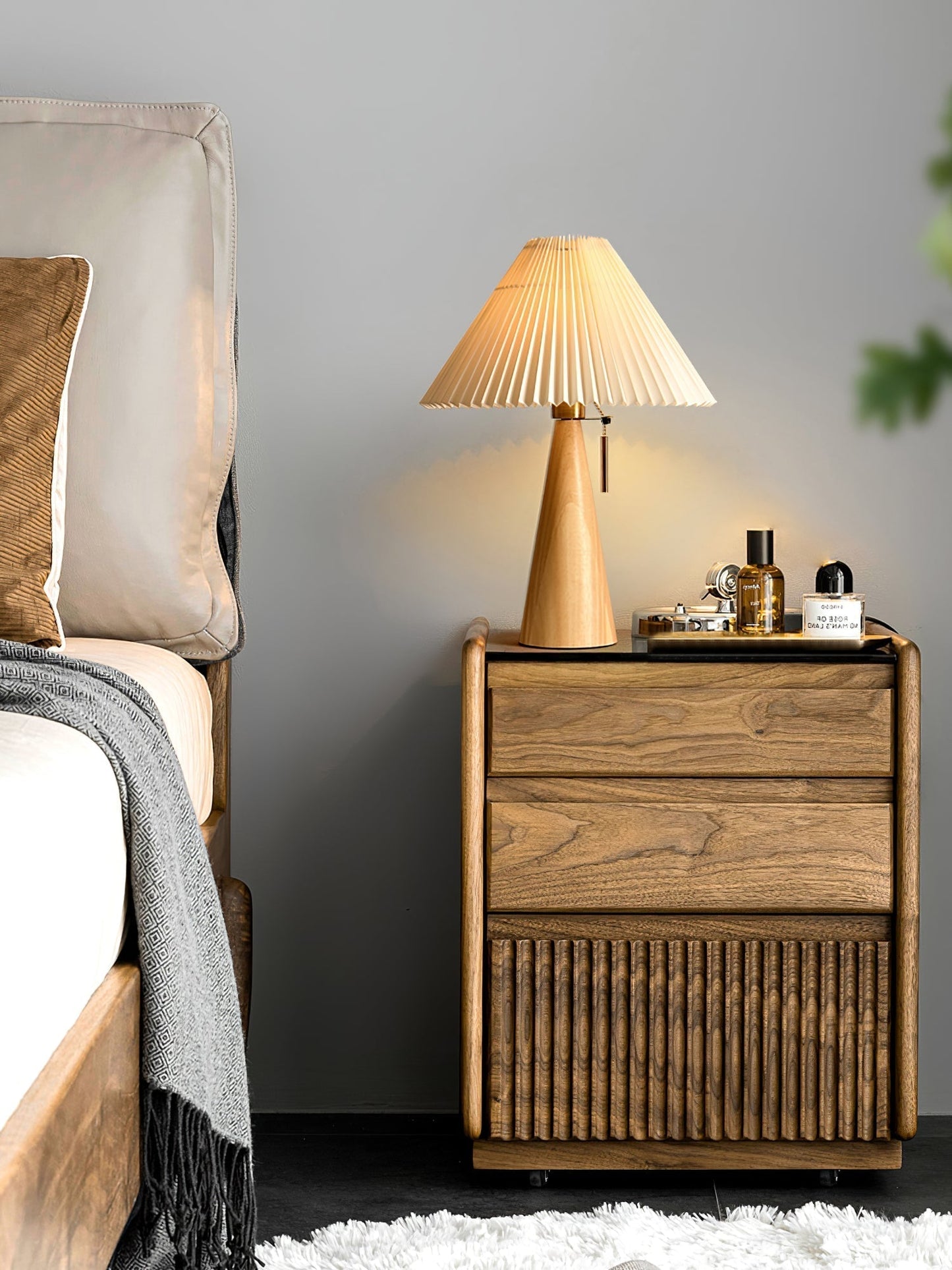 Elegant Wood and Metal Table Lamp with Pleated Linen Shade