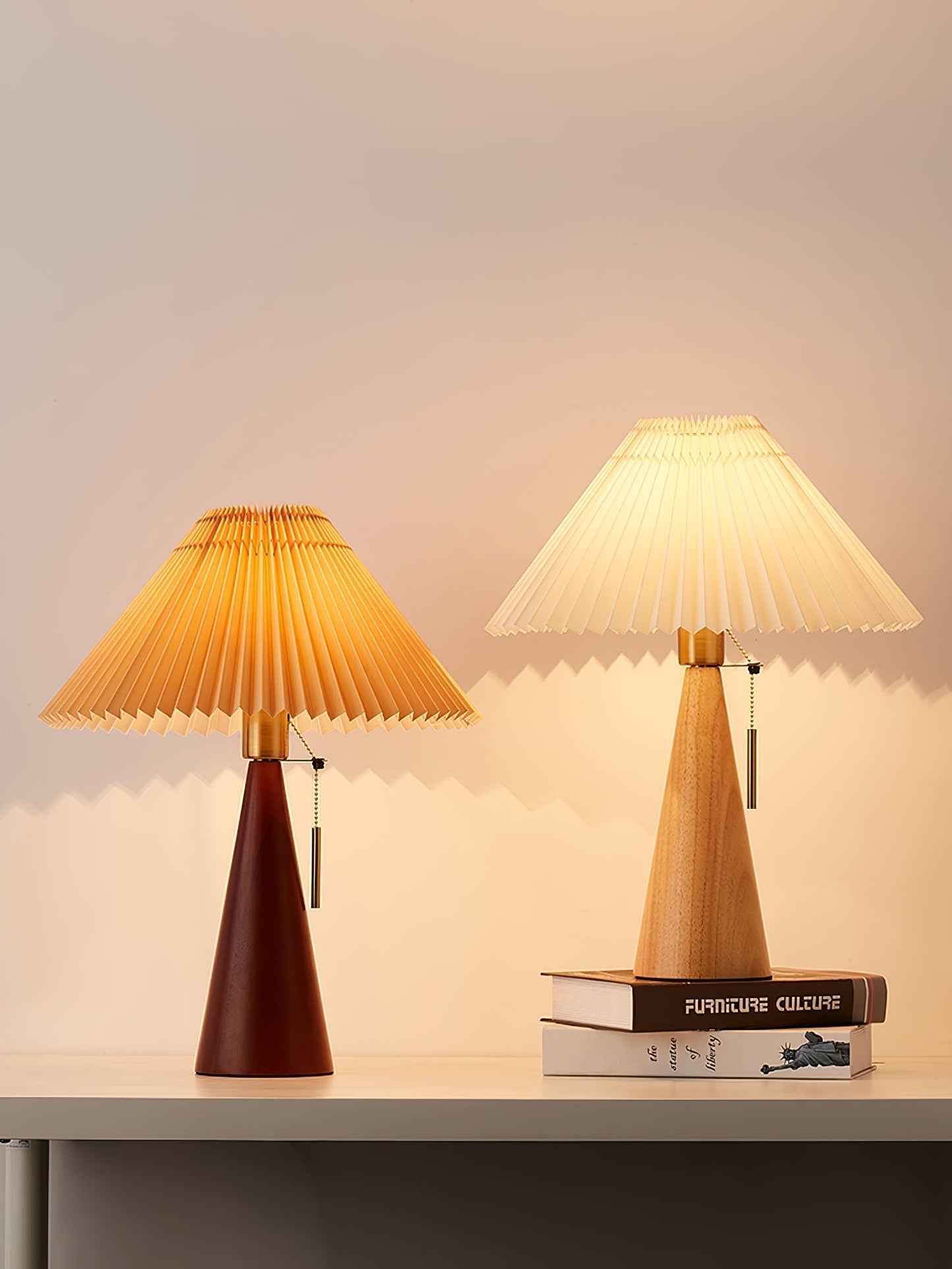 Elegant Wood and Metal Table Lamp with Pleated Linen Shade
