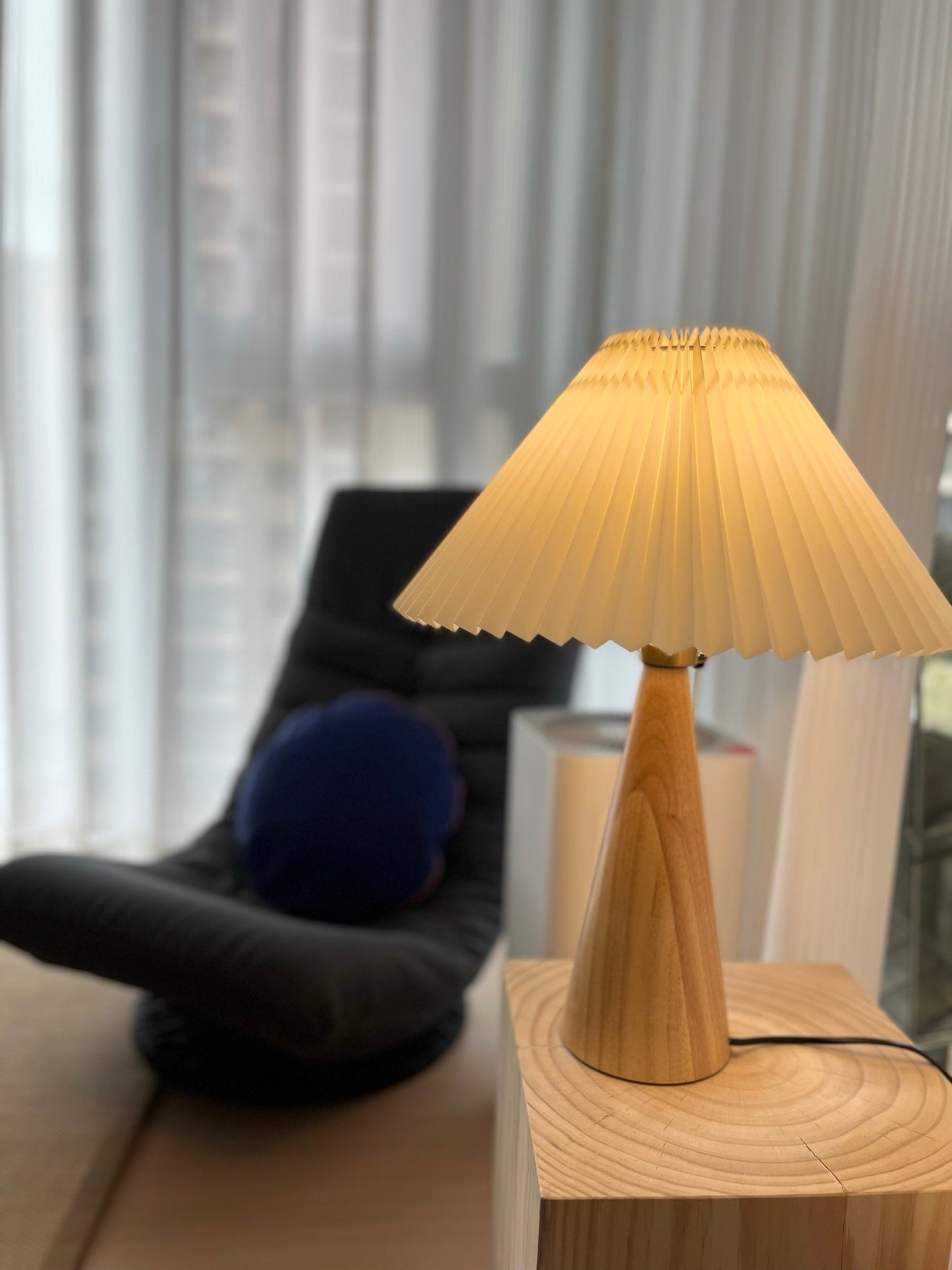 Elegant Wood and Metal Table Lamp with Pleated Linen Shade