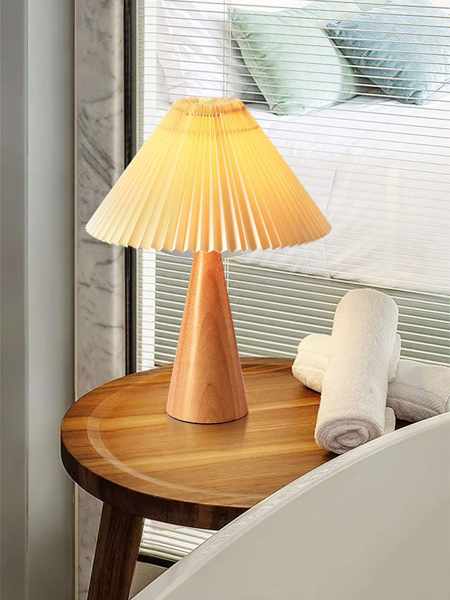 Elegant Wood and Metal Table Lamp with Pleated Linen Shade